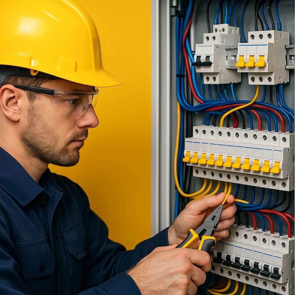 Técnico electricista de ELEKTRON trabajando en panel eléctrico