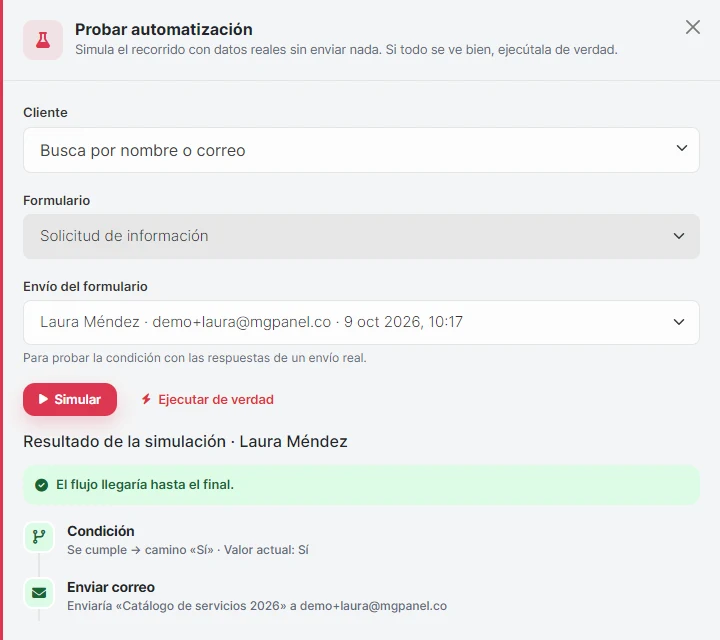 Simulación con las respuestas de un envío real.