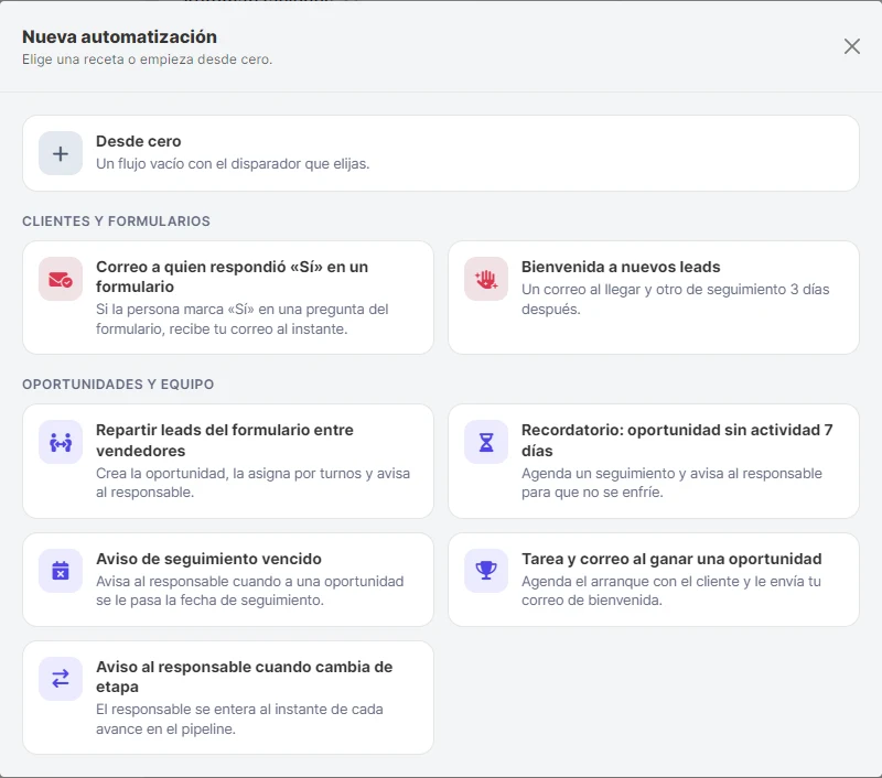 Recetas disponibles al crear una automatización.