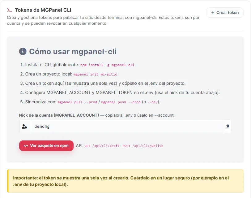 Configuración → CLI: el nick de la cuenta para el .env, el botón para crear tokens y los pasos de uso.