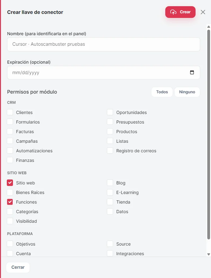Configuración → API → Crear llave de conector: con «Ninguno» y luego Sitio web y Funciones, Cursor no puede ver tus clientes ni tus facturas.