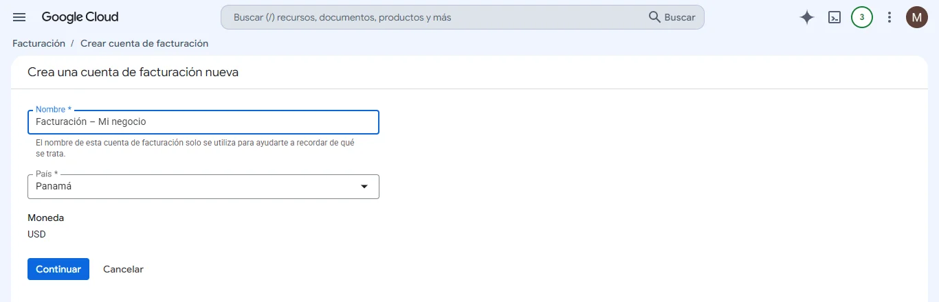 Crea la cuenta: nombre, país y moneda (con Panamá, la moneda queda en USD).