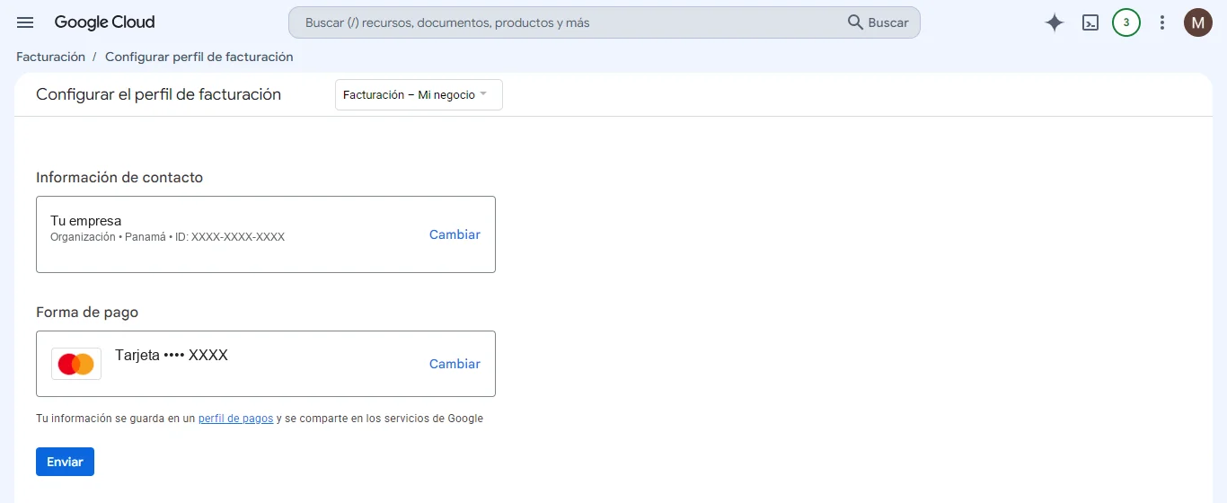 Completa tu información de contacto y tu tarjeta, y haz clic en «Enviar».