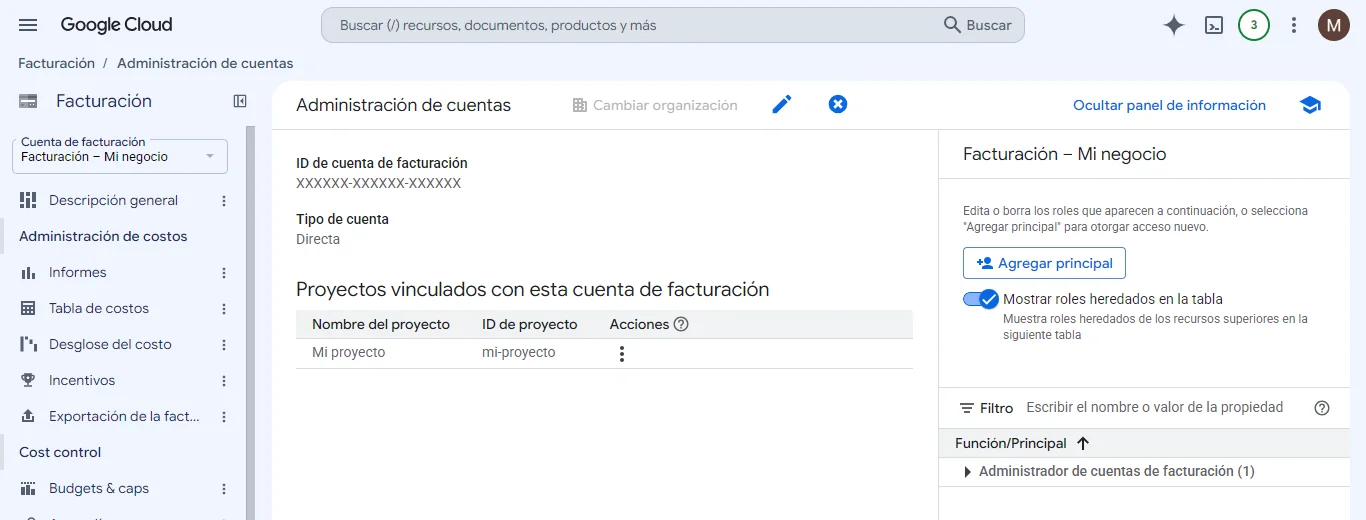 En «Administración de cuentas», el botón «Agregar principal» está en el panel de la derecha.
