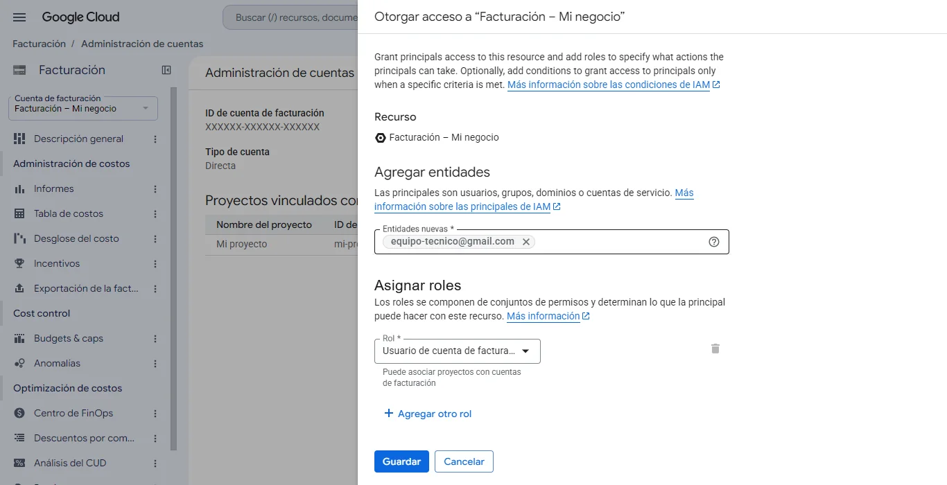 Escribe la cuenta de Google que te indique tu equipo técnico, elige el rol «Usuario de cuenta de facturación» y guarda.