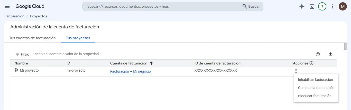 En «Tus proyectos», menú ⋮ de la fila del proyecto → «Cambiar la facturación».