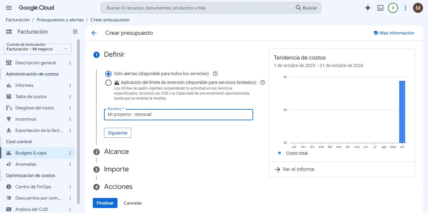 Definir: elige «Solo alertas» y ponle un nombre al presupuesto.