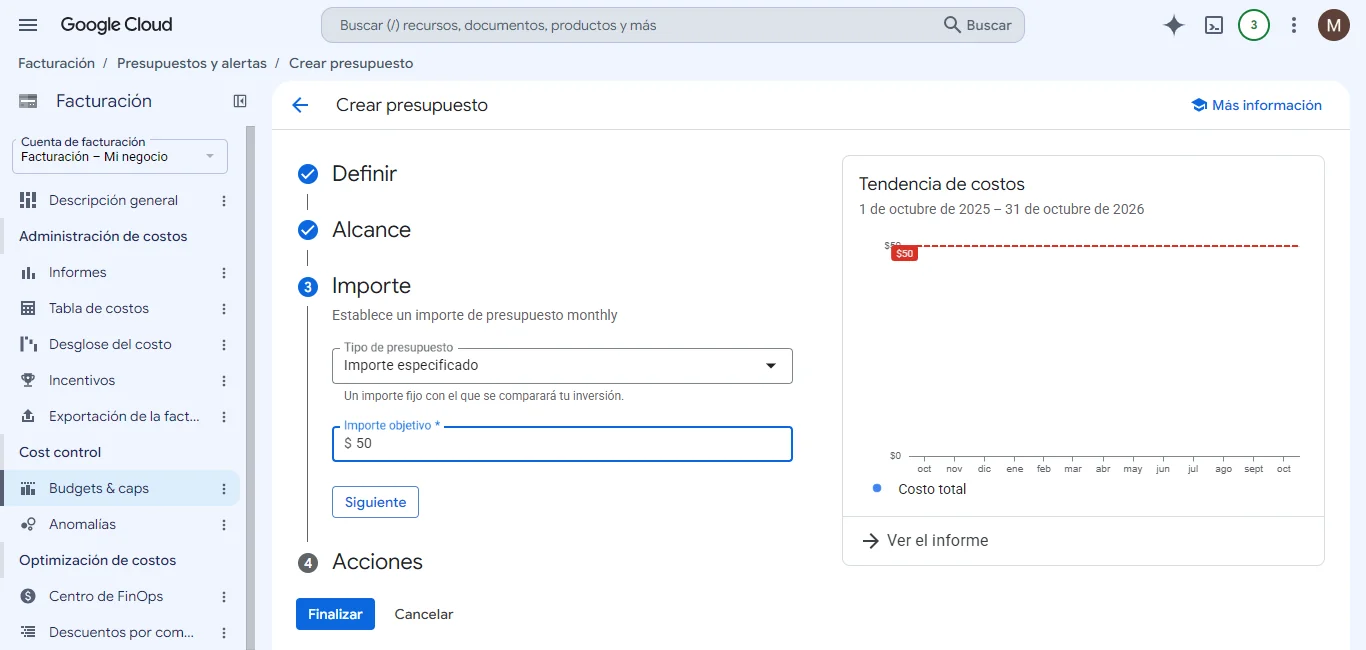 Importe: escribe tu tope mensual de referencia.