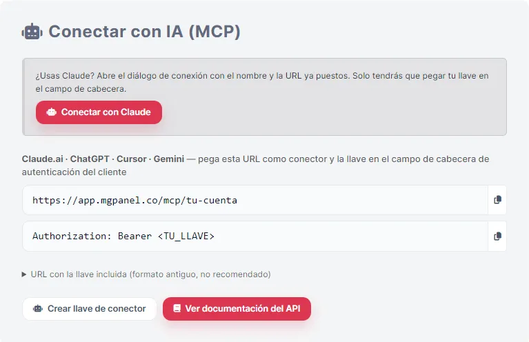 Configuración → API: la tarjeta «Conectar con IA (MCP)», con el botón y los dos valores que necesita cualquier cliente.